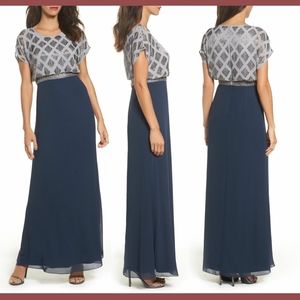NWT Adrianna Papell Beaded Colorblock Blouson Gown Silver Navy‎ [SZ 6P ] #G497